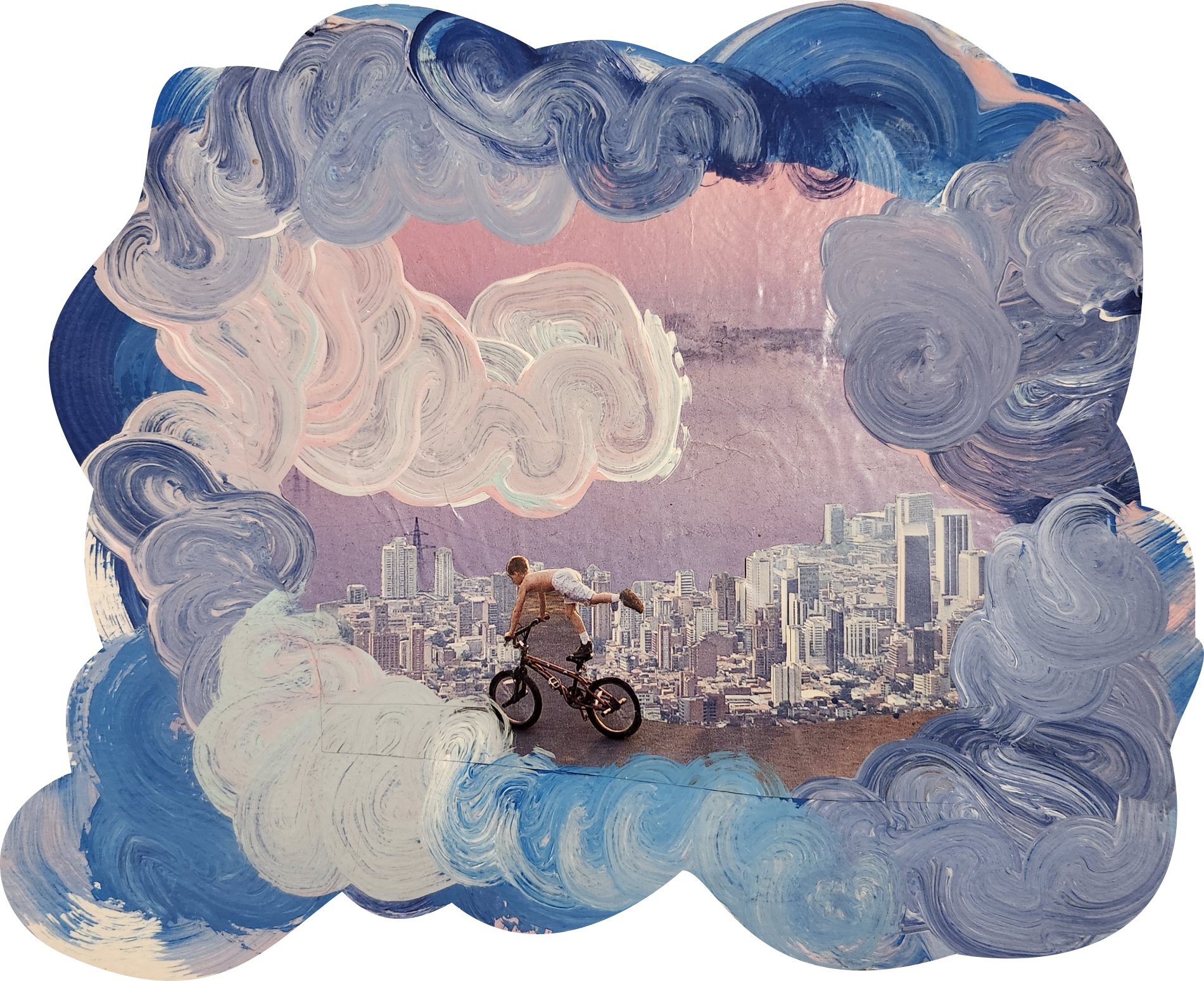 Mixed media collage with acrylic spirals and picture of a boy on a bmx bike