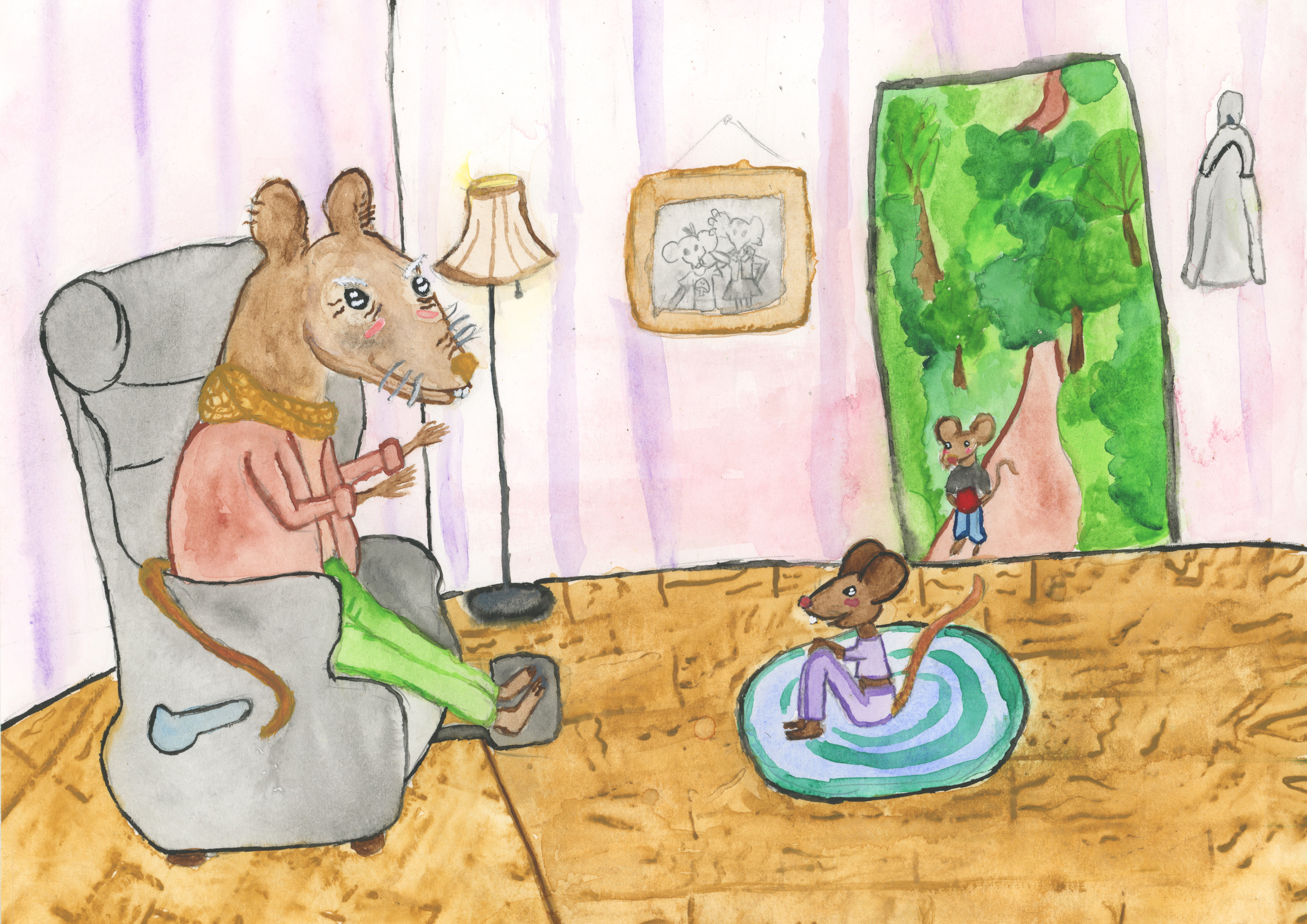 Grandparent mouse tells a story to two grandchildren, watercolor