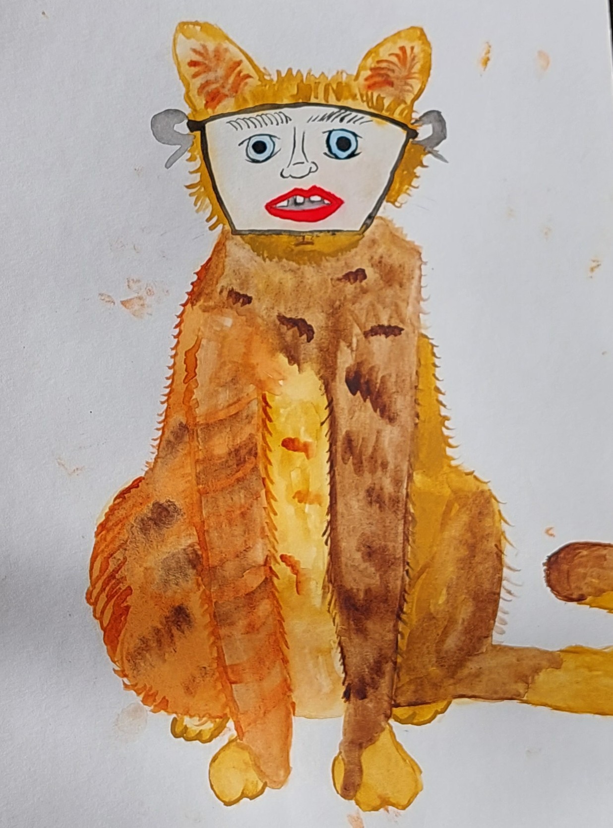 Cat wearing human mask, watercolor