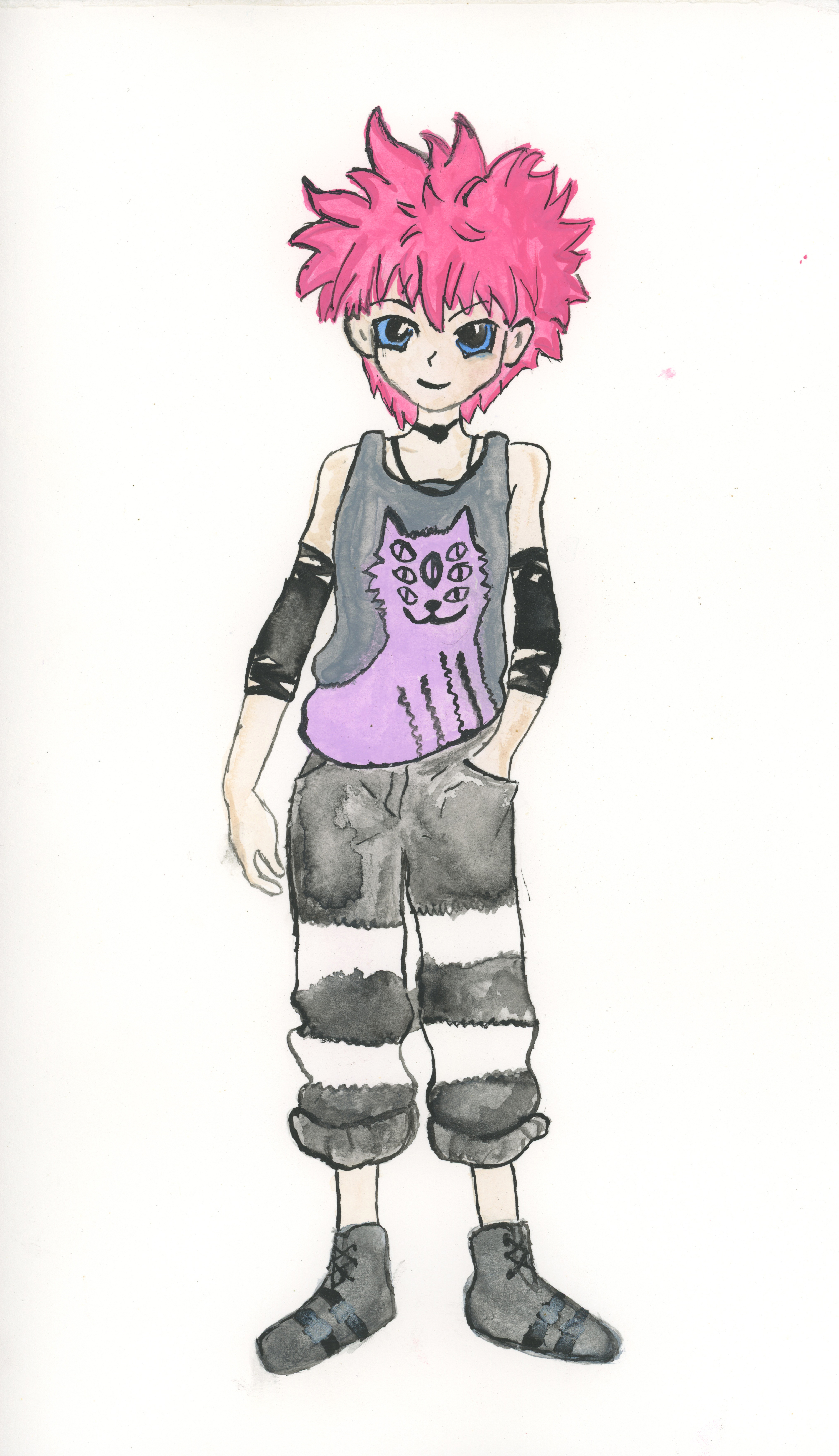 watercolor of Killua with pink hair