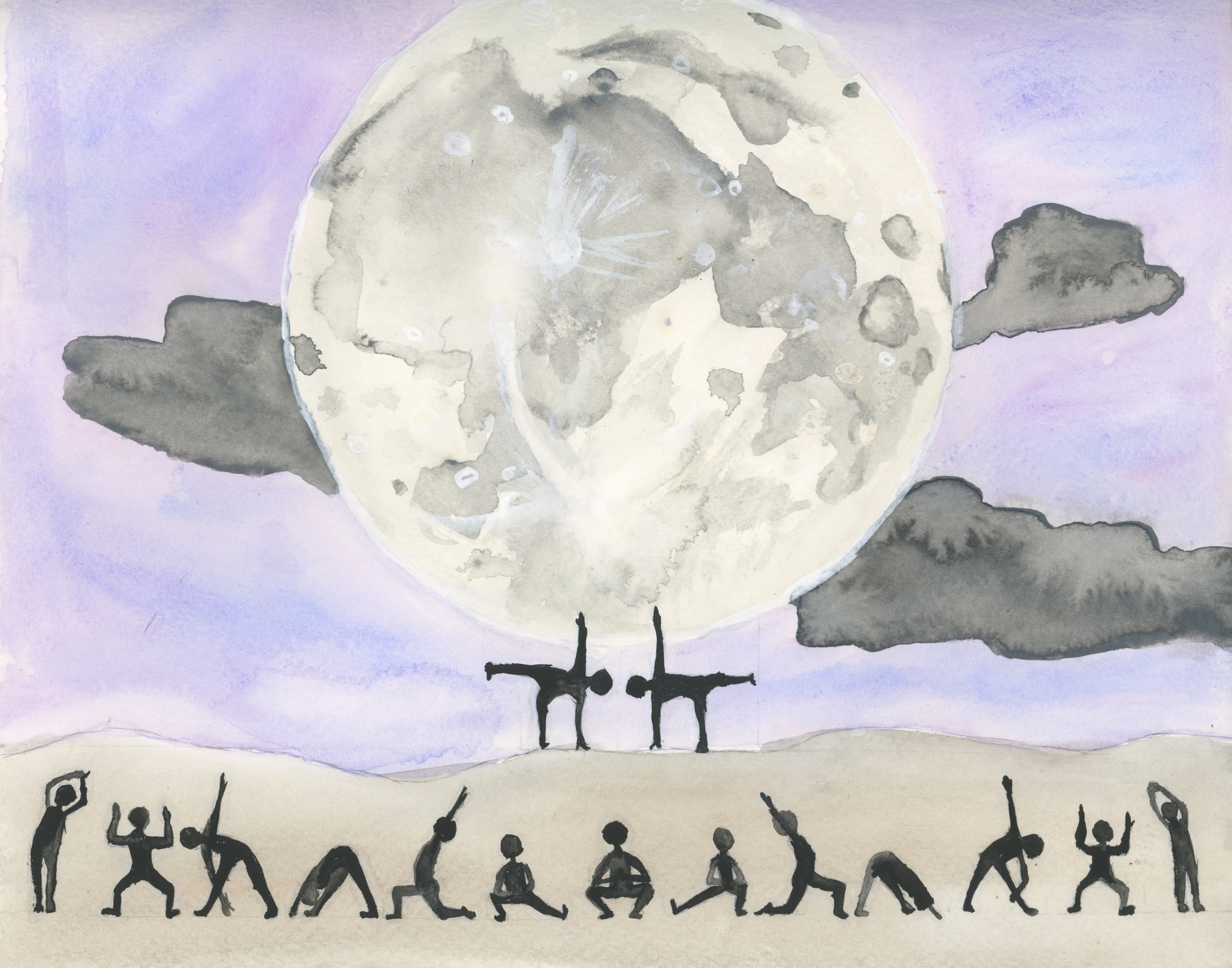 moon with figures performing moon salutation yoga, watercolor