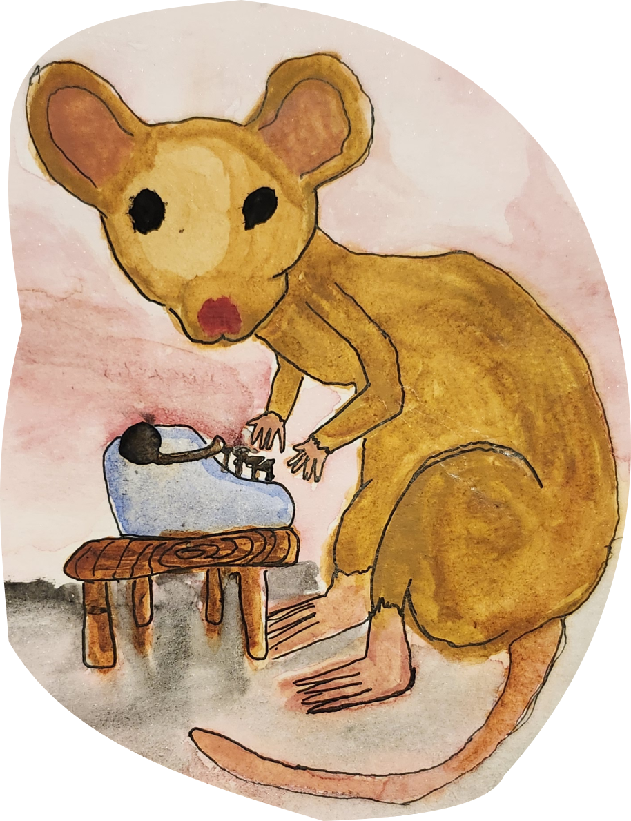 Mouse at a typewriter, watercolor