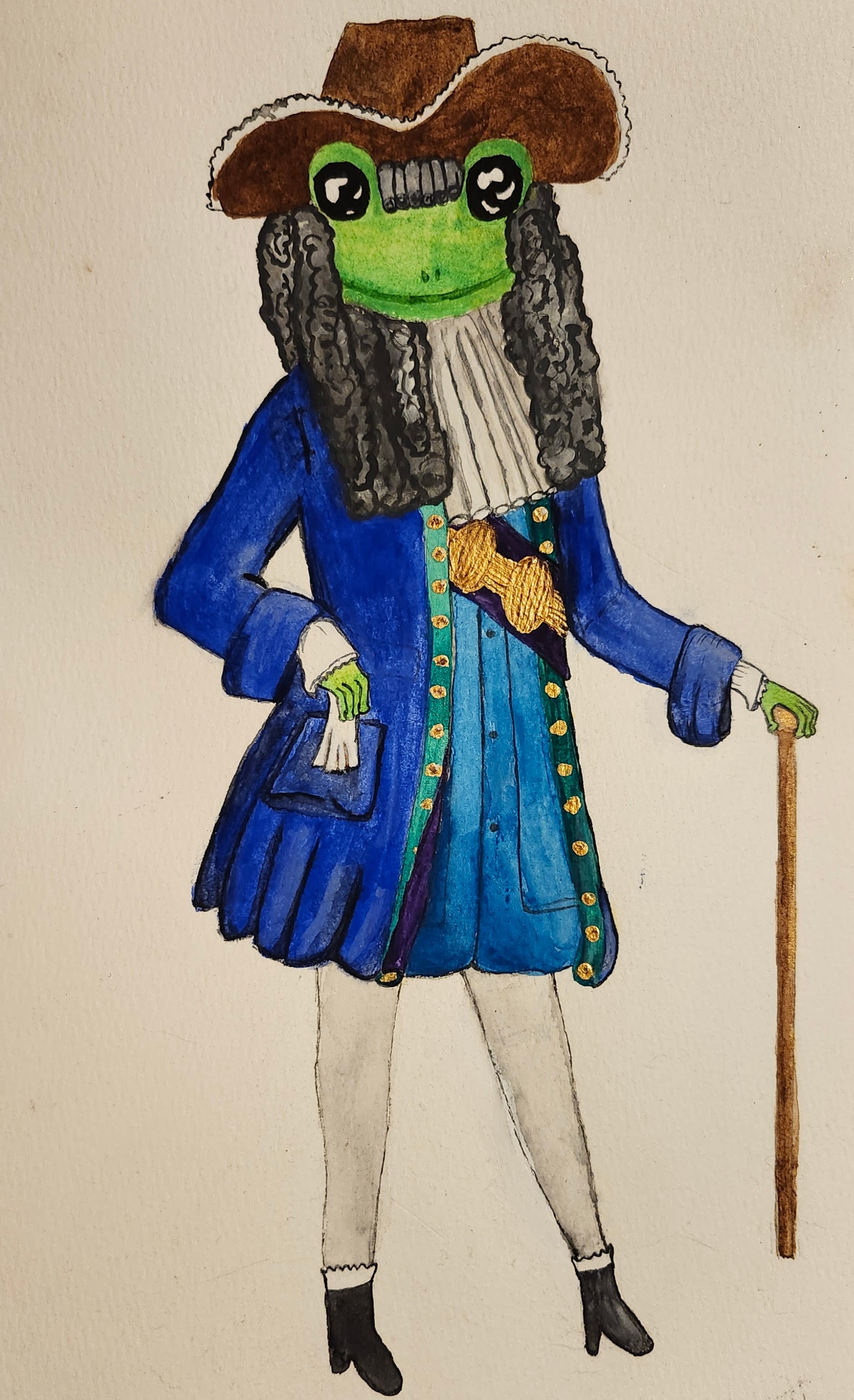 Frog wearing 17th century clothing, watercolor