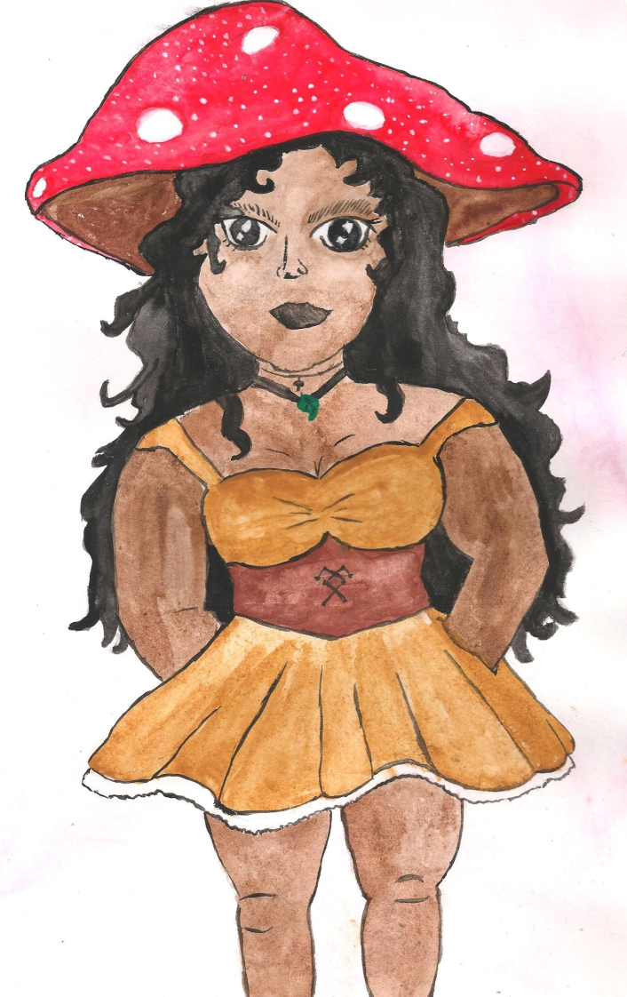 Woman wearing mushroom hat, watercolor