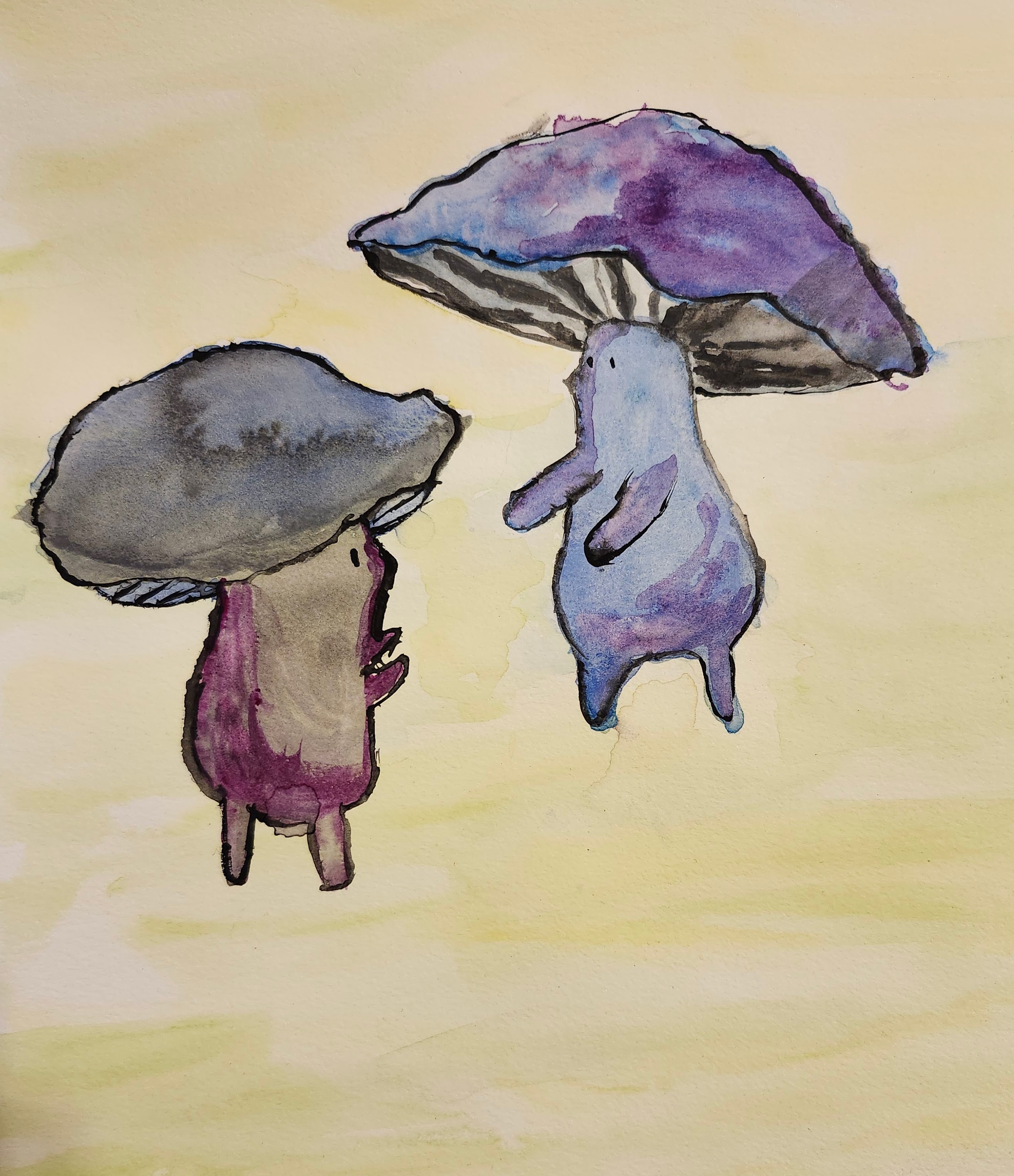 two anthropomorphic mushrooms reaching towards each other, watercolor