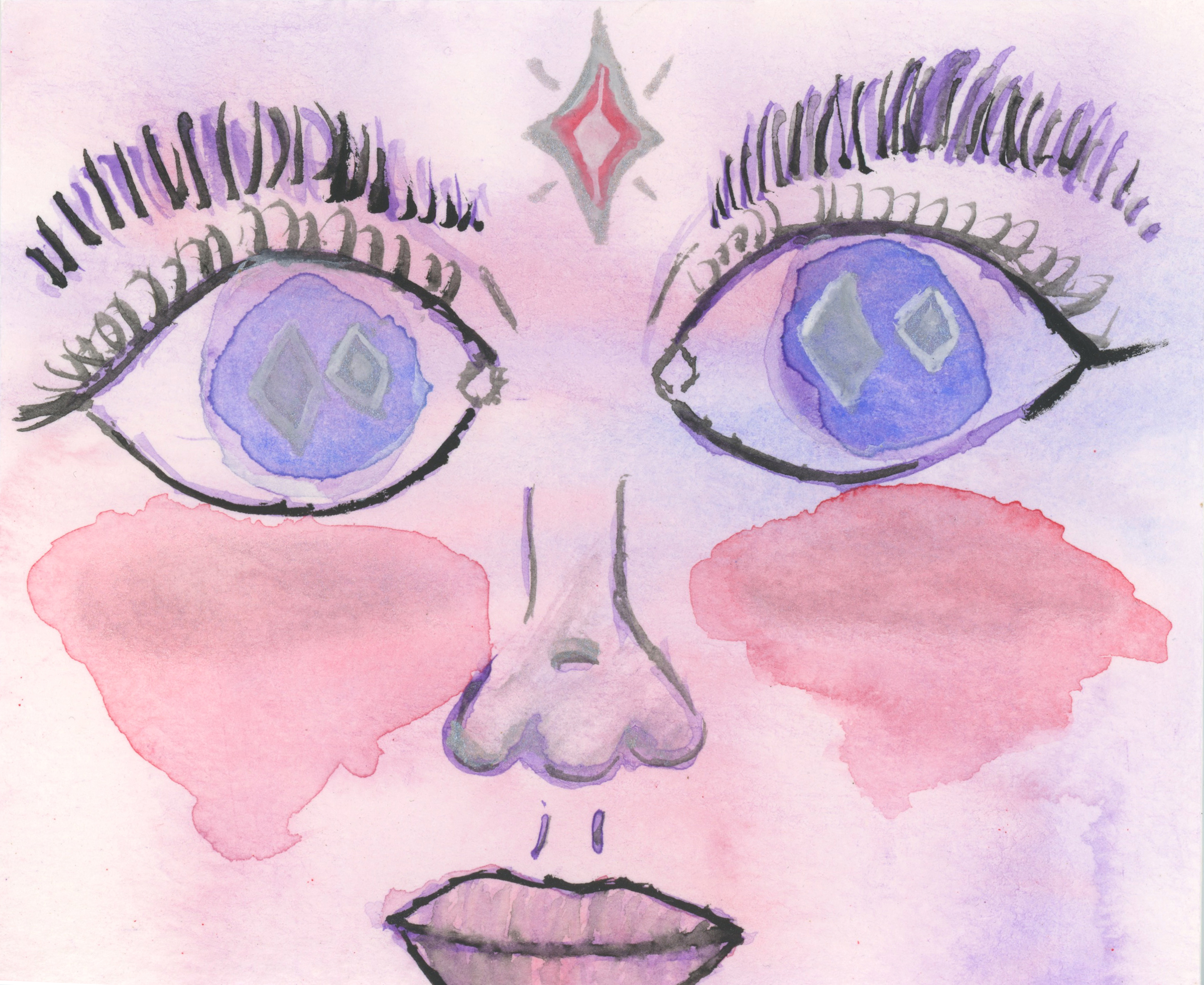 pink face with sparkles in the eyes, watercolor