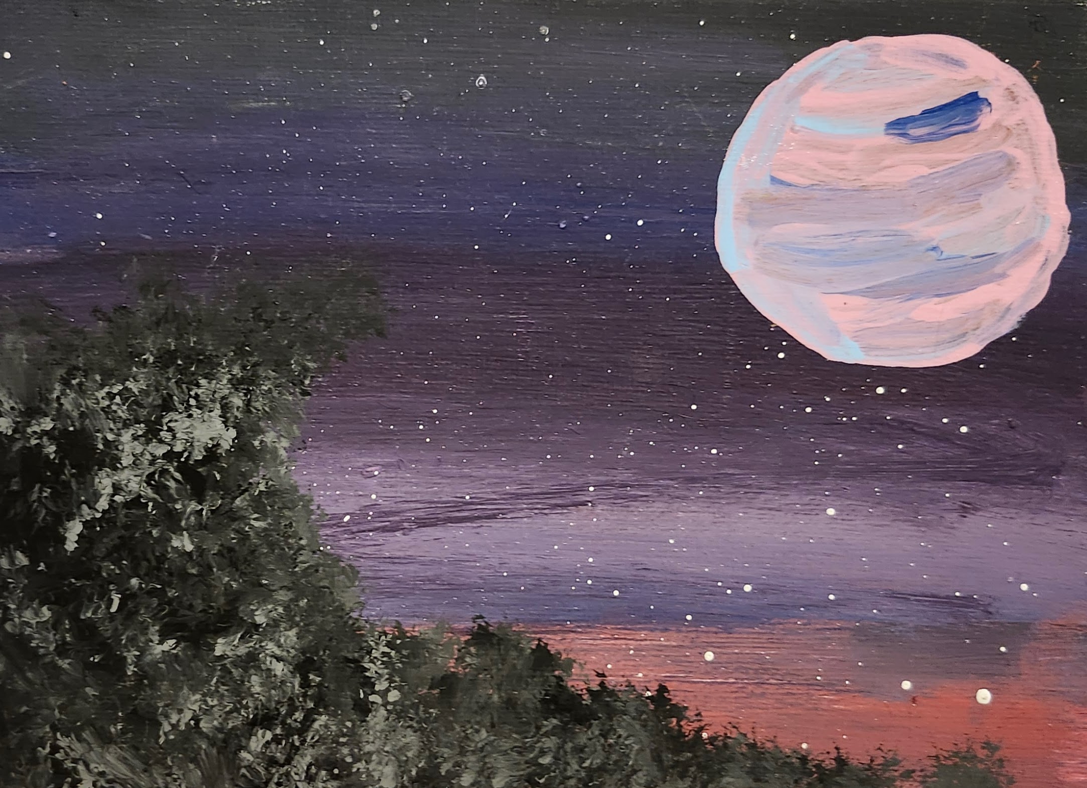 Acrylic night landscape with a tree in the foreground and a pink moon