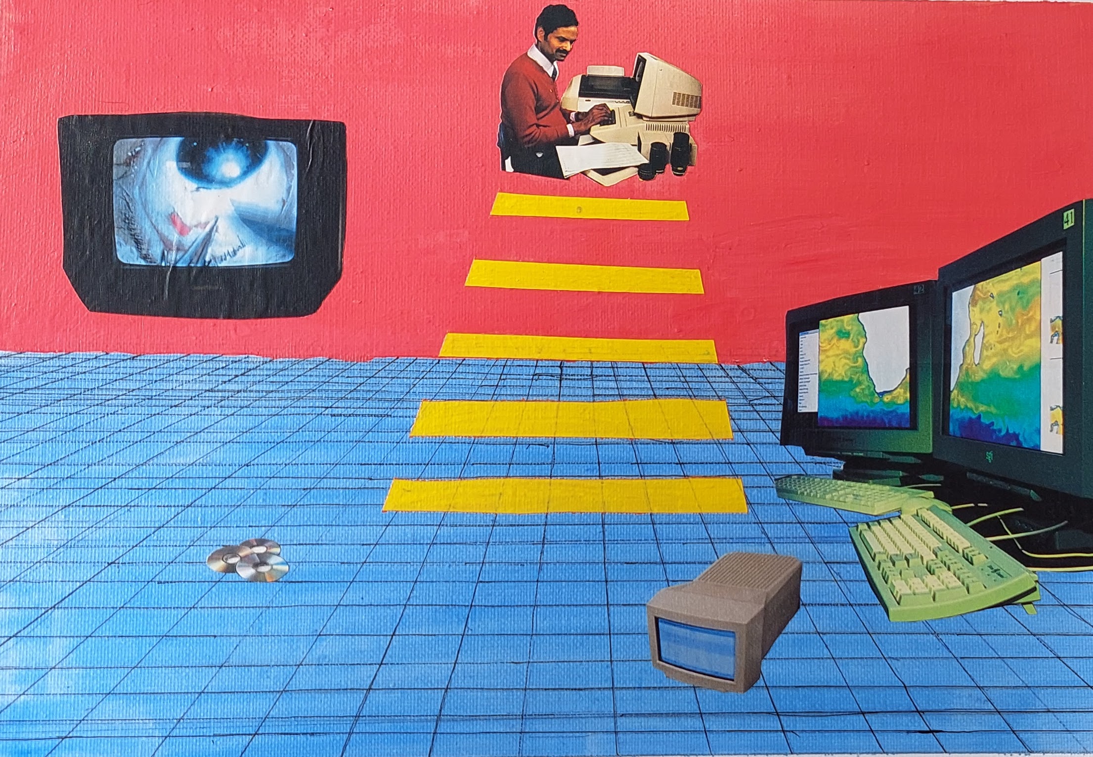Mixed Media collage, acrylic, and ink, depicts several older computers, a screen from an eye surgery, and a man on an old computer